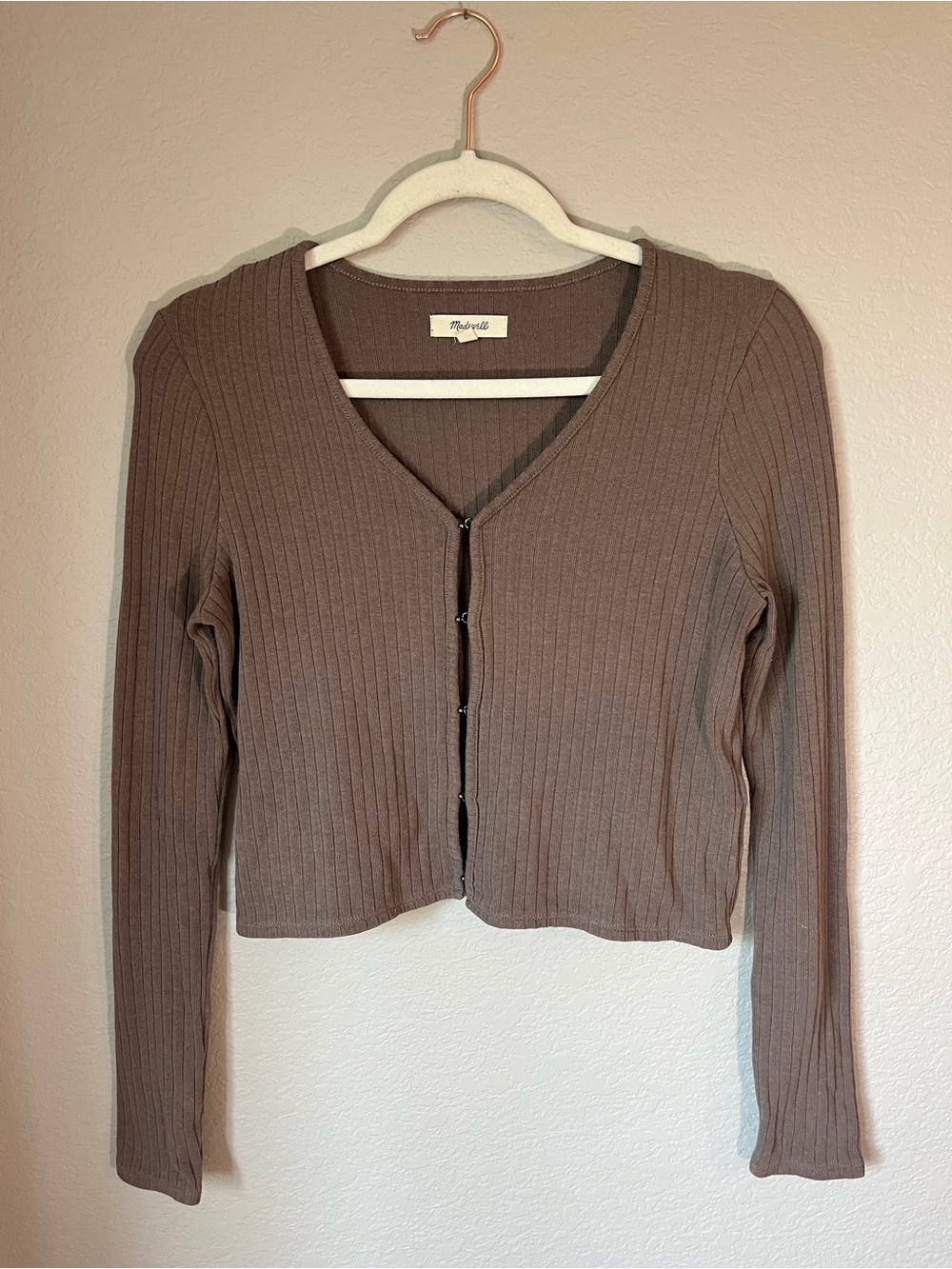 Madewell Ribbed Hook Front Crop Cardigan Taupe Brown Long Sleeve Top Size Small